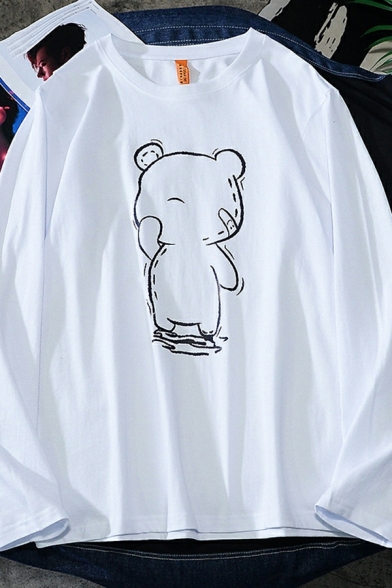 Casual Men Cartoon Bear Print Tee Top Long Sleeves Round Neck Loose Fitted T-Shirt