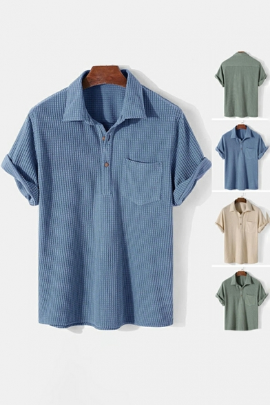 Edgy Mens Shirt Whole Colored Chest Pocket Spread Collar Fitted Short Sleeve Button Shirt