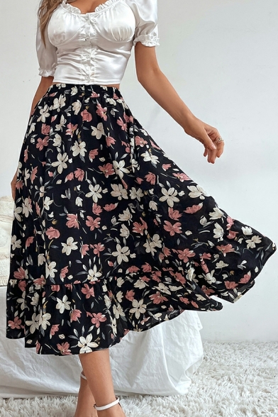 Girls Cozy Skirt Floral Pattern Rashes Elasticated High Waist Midi A-Line Skirt