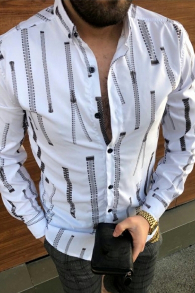 Guy's Urban Shirt Geometric Print Long-Sleeved Button down Turn-down Collar Skinny Shirt
