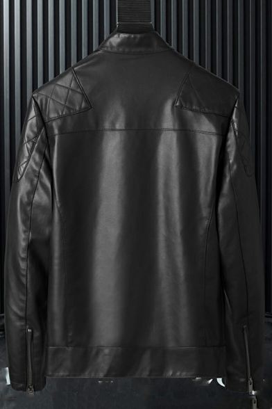 Men Cool Leather Jacket Solid Color Full Zipper Leather Jacket
