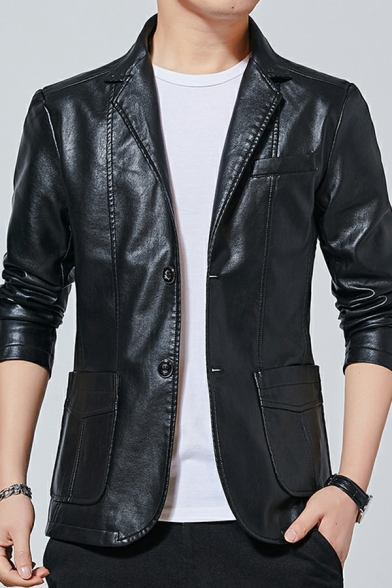 Men Street Look Leather Jacket Solid Color Button up Leather Jacket