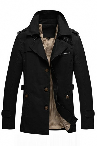 Modern Guy's Coat Whole Colored Lapel Collar Regular Single-Breasted Trench Coat