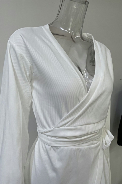 Original Ladies Dress Pure Color V Neck Midi Long Sleeves Belt Detail Wrap Dress