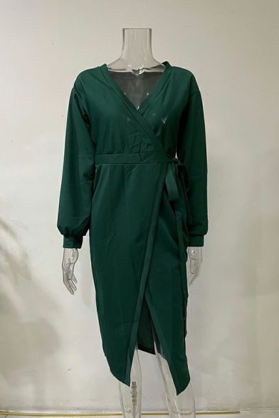 Original Ladies Dress Pure Color V Neck Midi Long Sleeves Belt Detail Wrap Dress