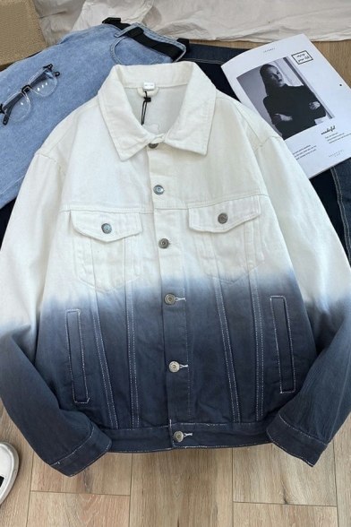 Popular Men Jacket Ombre Pattern Spread Collar Chest Pocket Oversized Button Denim Jacket