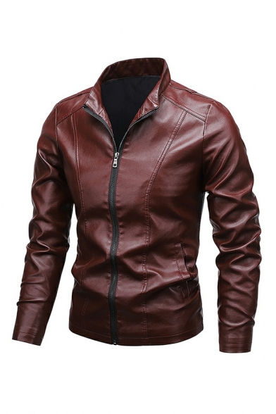 Trendy Jacket Solid Stand Collar Long Sleeve Skinny Zip Placket Leather Jacket for Guys