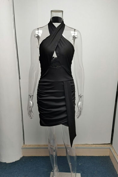Unique Women's Dress Plain Hollow Out Sashes Detail Halter Asymmetrical Mini Bodycon Dress