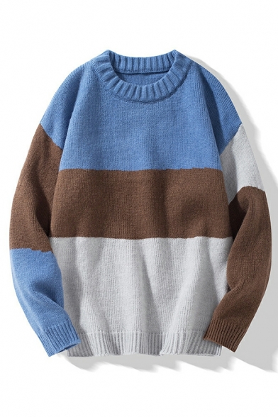 Urban Sweater Color Block Round Neck Ribbed Trim Sweater for Men