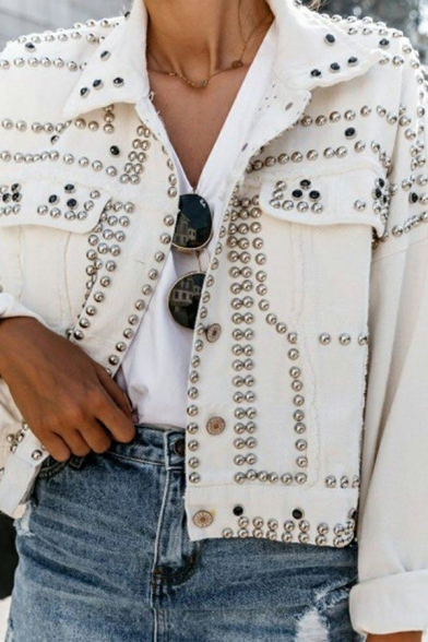 Women Street Look Denim Jacket Plain Spread Collar Rivet Design Denim Jacket