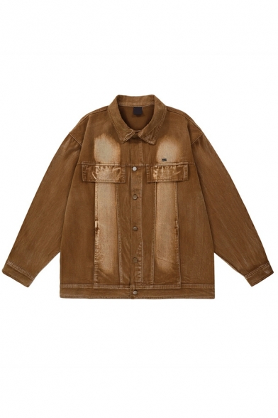 Boys Edgy Jacket Contrast Color Pocket Spread Collar Oversized Button Placket Denim Coat