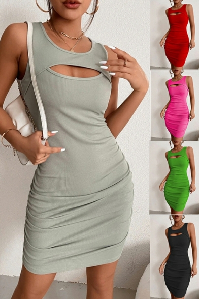 Chic Women's Dress Whole Colored Hollow Out Crew Collar Sashes Sleeveless Mini Dress