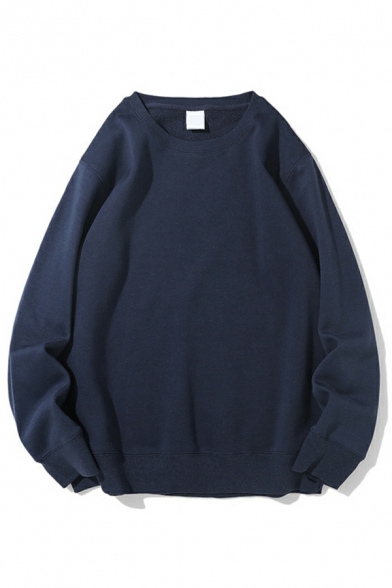 Cool Sweatshirt Plain Long-sleeved Round Collar Loose Fitted Pullover Sweatshirt for Men
