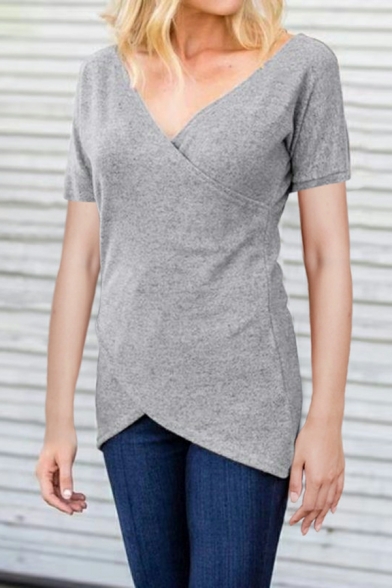 Edgy Tee Shirt Whole Colored V Neck Short Sleeves Irregular Hem Tee Top for Ladies