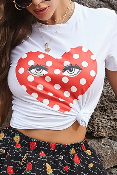 Fashionable Ladies Tee Shirt Heart Print Short Sleeve Crew Collar Relaxed Tee Top