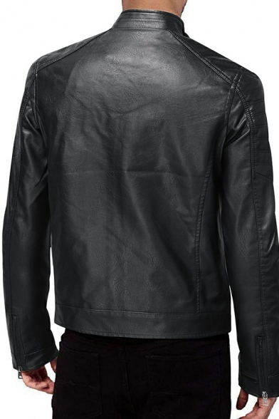 Freestyle Leather Jacket Solid Color Stand Collar Full-Zip Leather Jacket for Men