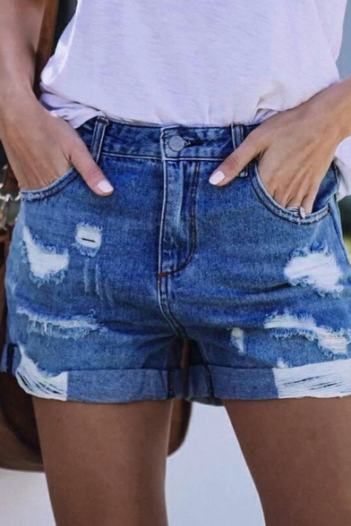 Girlish Women Shorts Pure Color Zip down Distressed Mid Waist Turn up Denim Shorts