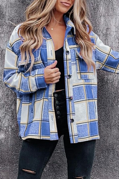 Girls Hot Jacket Plaid Pattern Chest Pocket Long Sleeve Turn-down Collar Button Fly Jacket