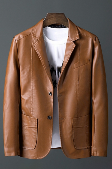 Men Street Look Leather Jacket Solid Color Button up Leather Jacket