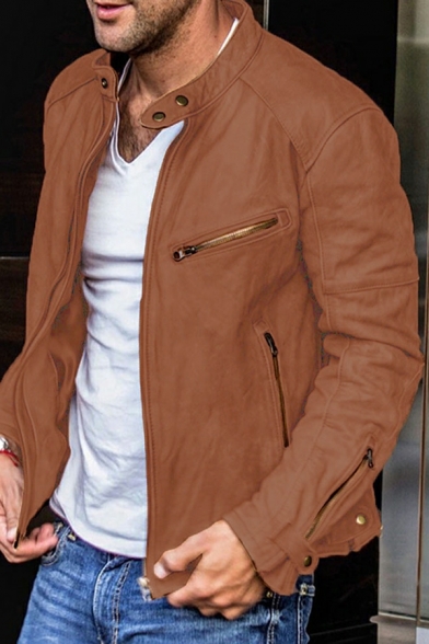 Men Vintage Leather Jacket Solid Color Stand Collar Full-Zip Leather Jacket