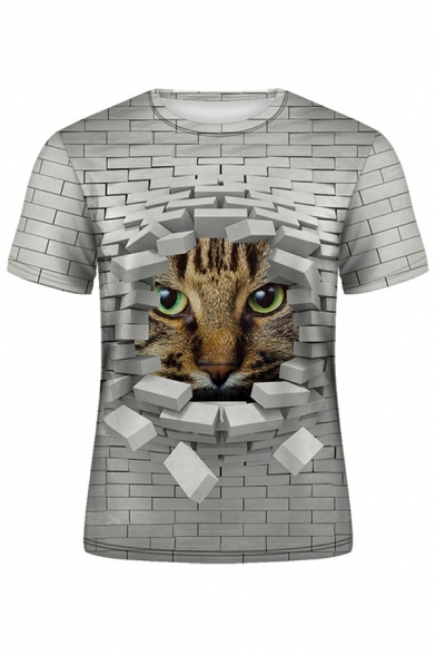 Mens Vintage T-Shirt 3D Cat Pattern Crew Collar Short Sleeves Regular T-Shirt