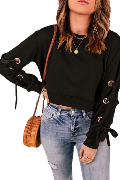 Popular Women Sweatshirt Plain Round Collar Long Sleeve Criss Cross Cropped Sweatshirt