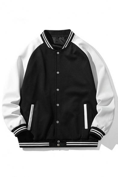 Stylish Jacket Stripe Print Stand Collar Relaxed Button Fly Bomber Jacket for Men