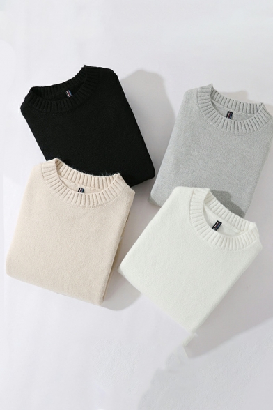 Trendy Sweater Solid Color Round Neck Ribbed Trim Asymmetrical Sweater for Men