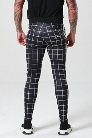 Chic Pants Checked Printed Mid Rise Drawcord Elastic Waist Skinny Pants for Men