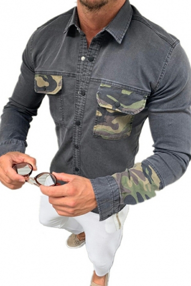 Edgy Men Jacket Camouflage Print Pockets Turn-down Collar Slim Button down Denim Jacket