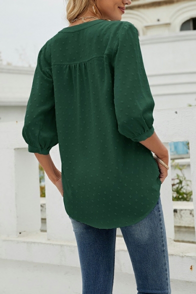 Elegant Womens Shirt Polka Dots Print V-Neck Double Buttons 3/4 Length Sleeve Blouses