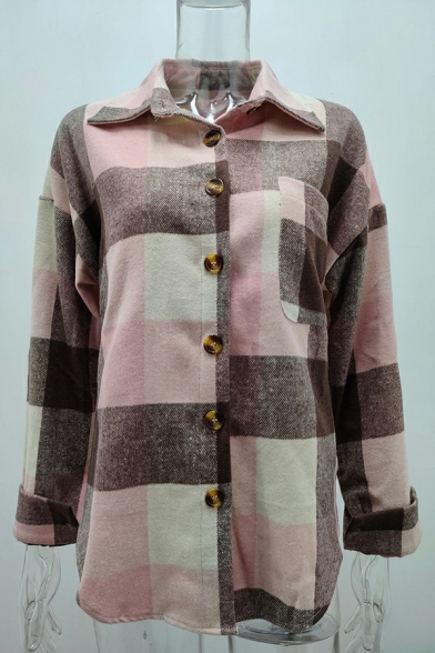 Girls Classic Shirt Plaid Pattern Spread Collar Long-Sleeved Pocket Button Fly Shirt
