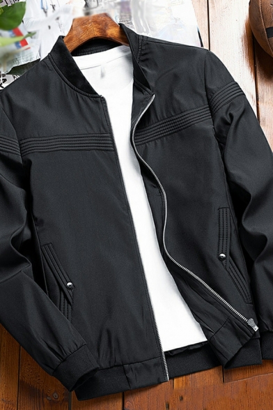 Hot Guy's Jacket Contrast Trim Pocket Long Sleeve Stand Collar Zipper Baseball Jacket