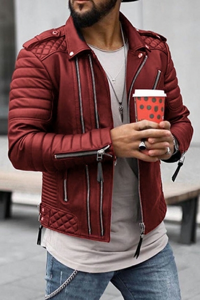 Leisure Leather Jacket Plain Lapel Collar Full Zip Leather Jacket for Men