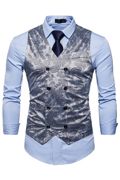 Men Modern Suit Vest Gold Stamping V-Neck Double Breasted Suit Vest