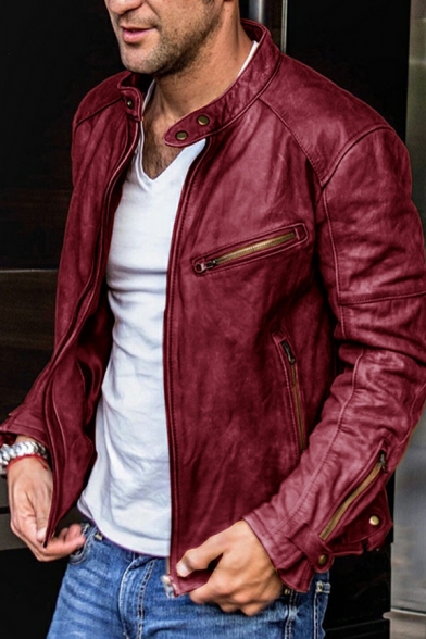 Men Urban Leather Jacket Solid Color Stand Collar Full Zipper Leather Jacket