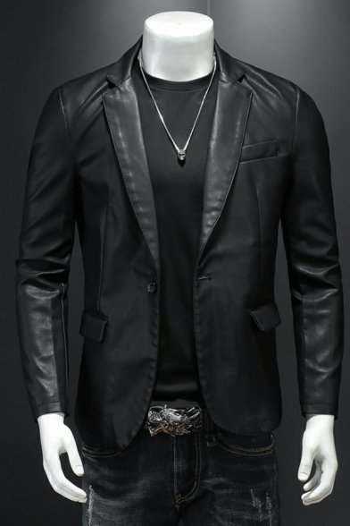 Modern Jacket Pure Color Pocket Long Sleeves Lapel Collar Slimming Leather Jacket for Men