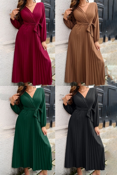 Modern Slip Dress Pure Color V Neck Long Puff Sleeves Lace-up Maxi Pleated Dress for Girls
