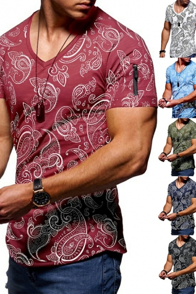Popular Tee Shirt Paisley Printed Short Sleeve V Neck Slim Fitted T-Shirt for Boys
