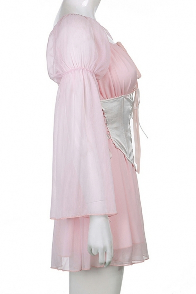 Popular Women's Dress Plain off The Shoulder Long Trumpet Sleeve Criss Cross A-Line Dress