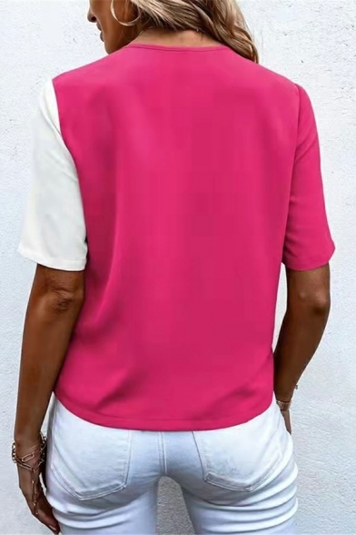 Retro Shirt Color Block V Neck Short Sleeve Regular Chest Pocket Button Shirt for Ladies