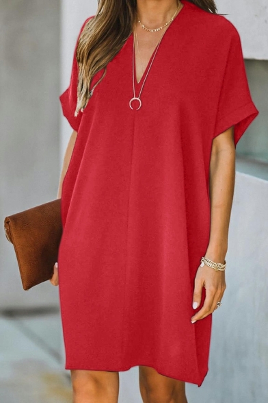 Women Edgy Dress Pure Color Mini Short-sleeved V Neck Loose T-shirt Dress