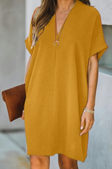 Women Edgy Dress Pure Color Mini Short-sleeved V Neck Loose T-shirt Dress