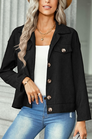 Chic Casual Jacket Solid Color Spread Collar Button Closure Casual Jacket for Women