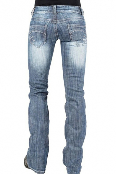 Dashing Ladies Jeans Solid Color Acid Wash Regular Long Length Pocket Zipper Jeans