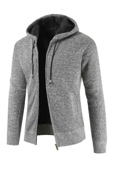 Edgy Cardigan Heathered Hooded Drawcord Brushed Full Zip Ribbed Trim Cardigan for Men