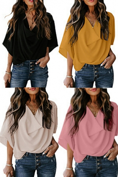 Edgy Women Shirt Whole Colored Relaxed V Neck Half Sleeves Ruched Detail Shirt
