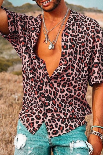 Leisure Shirt Leopard Print Short-Sleeved Spread Collar Regular Button Down Shirt for Men