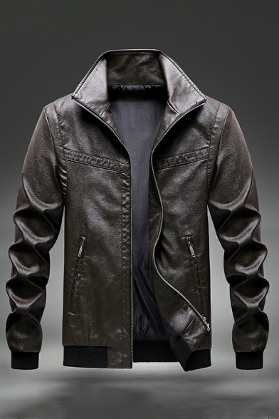 Men Edgy Leather Jacket Plain Spread Collar Zip Pocket Leather Jacket