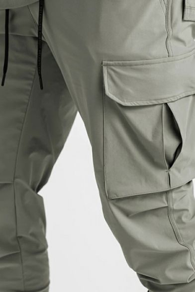 Men Fancy Cargo Pants Plain Elastic Waist Flap Pocket Banded Cuffs Pants